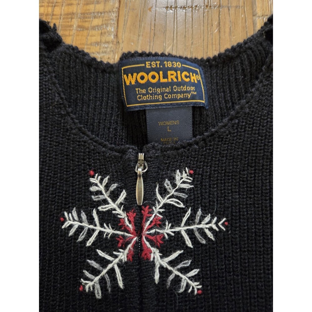 Woolrich Womens Sz L Full Zip Sweater Jacket Embroidered Snowflake Cotton Black